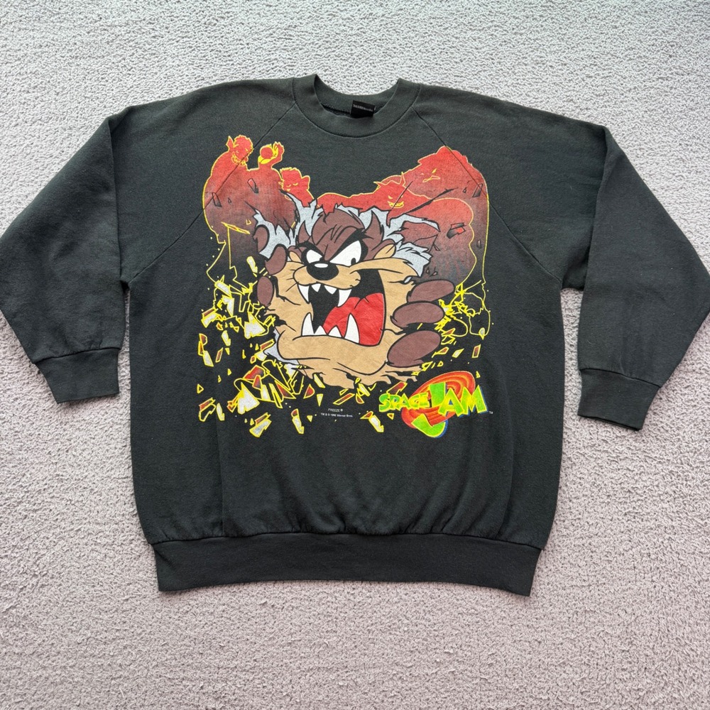 Vintage 1996 Space Jam Taz Sweatshirt Black Freeze Looney Tunes 90s Raglan L